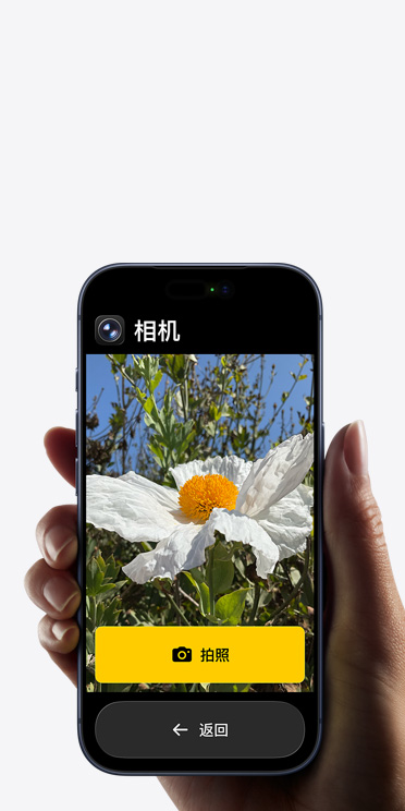 iPhone 17 Pro 屏幕显示精简的相机 app 界面，包括取景画面中的白色花朵、“拍照”按钮及其下方的“返回”按钮。