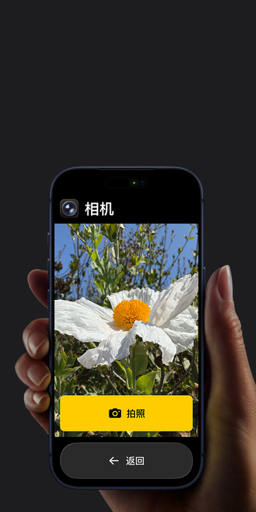 iPhone 17 Pro 屏幕显示精简的相机 app 界面，包括取景画面中的白色花朵、“拍照”按钮及其下方的“返回”按钮。