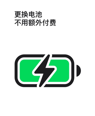 充满电的电池图标，上方有“更换电池不用额外付费”字样。
