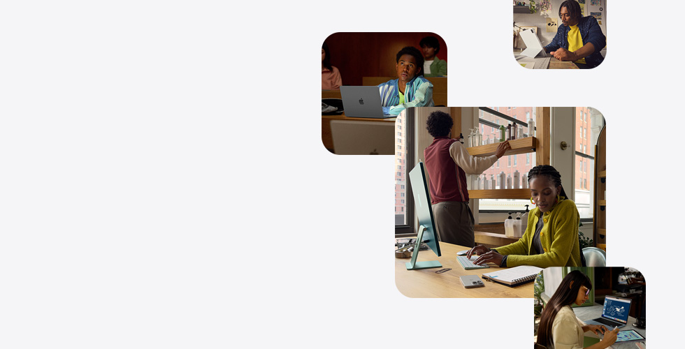 不同人士使用 Apple 产品学习、工作、设计和绘画。