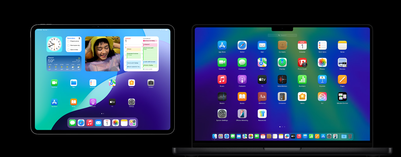 一部 iPad 和一台 Mac 显示各种 app 图标。iPad 显示若干小组件，包括日历、天气和照片。
