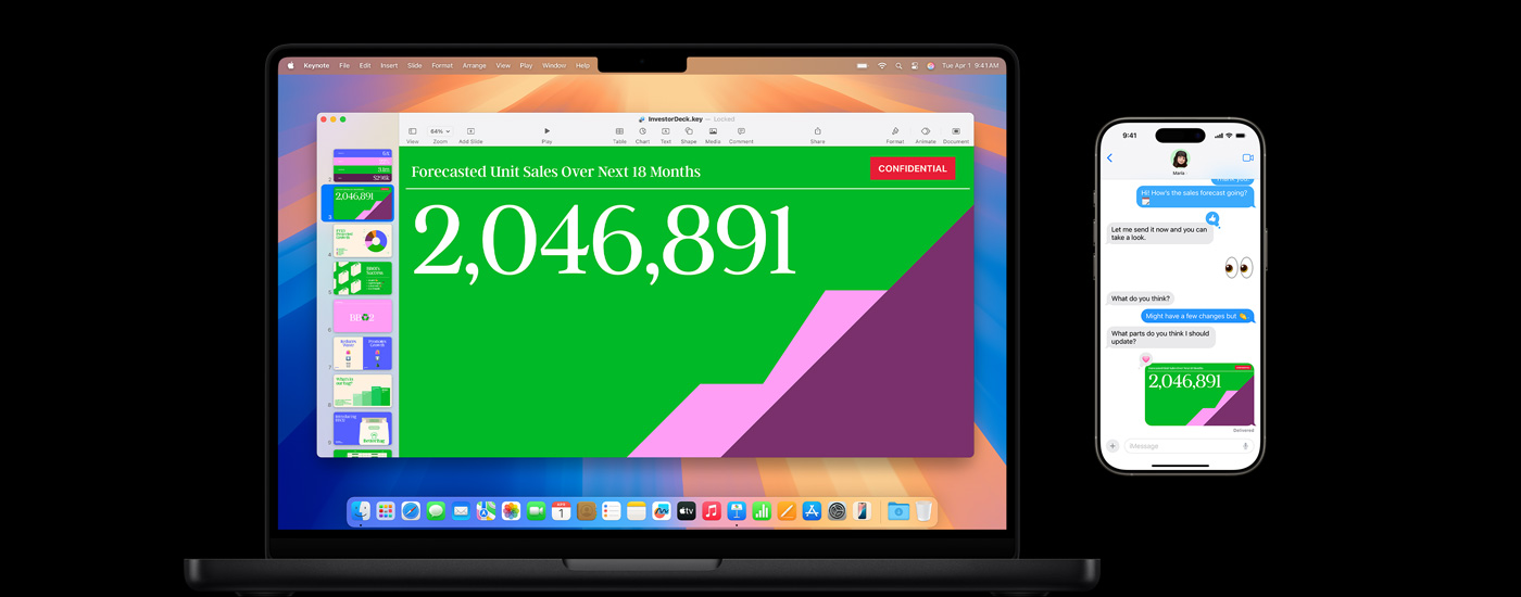 Mac 的屏幕上显示着一份演示文稿，而旁边的设备则显示了一段链接到该演示文稿的文字交流信息。