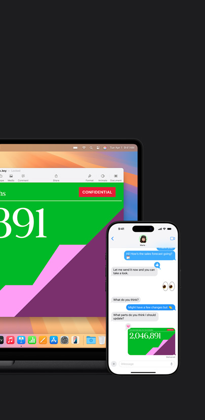 Mac 的屏幕上显示着一份演示文稿。Mac 前面 的 iPhone 则显示了一段文字交流信息和分享的演示文稿。
