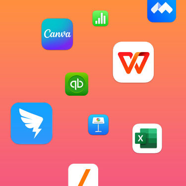 彩色背景之上有多款生产力 app 的图标，包括 Slack、Canva、Zoom、Quickbooks、Keynote 讲演、Excel、Square 和 Numbers 表格。