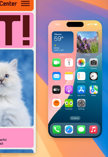 MacBook 桌面显示了一个全尺寸的 iPhone 屏幕，上面有各种小工具。左侧的浏览器窗口显示着丰富多彩的背景。