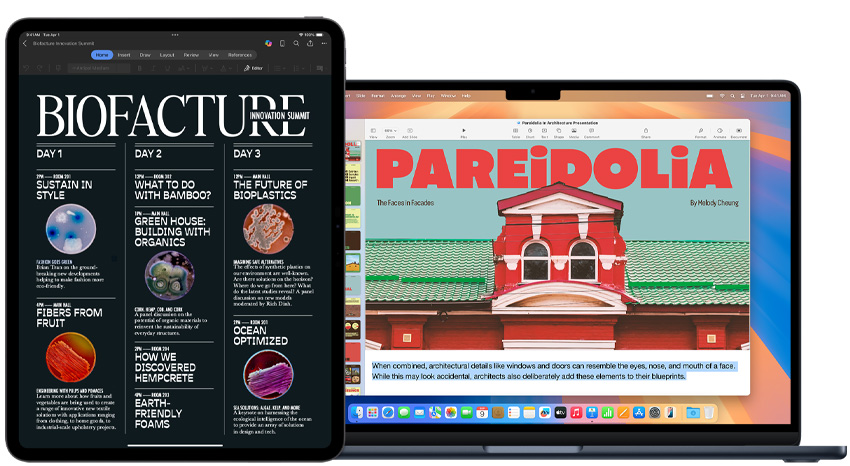 一部 iPad 和一台 MacBook 分别显示学校的项目。