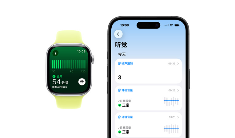 Apple Watch Series 11，展示银色铝金属表壳、噪声 app、霓虹黄色运动型表带，配对的 iPhone 上显示听觉部分今天的摘要详情。