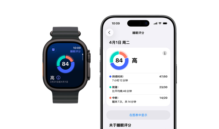 Apple Watch Ultra 3，展示黑色钛金属表壳，睡眠评分圆形图表和等级、左侧外观、操作按钮、右侧外观、数码表冠、侧边按钮、搭配黑色海洋表带、配对的 iPhone 上显示完整的睡眠分析。