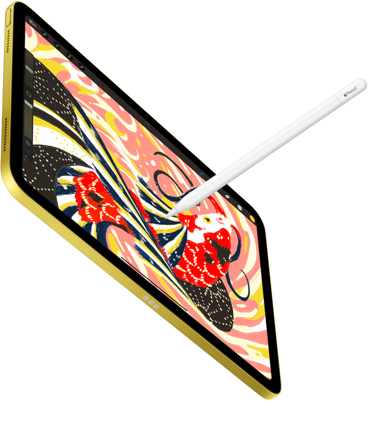 iPad 上展示在 Procreate app 中绘制的鱼的彩色插画，Apple Pencil 正在 iPad 上作画。