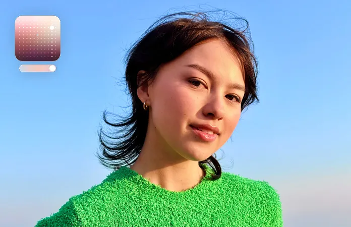 一张女子在阳光下的人像照，展示摄影风格的“珠光”效果