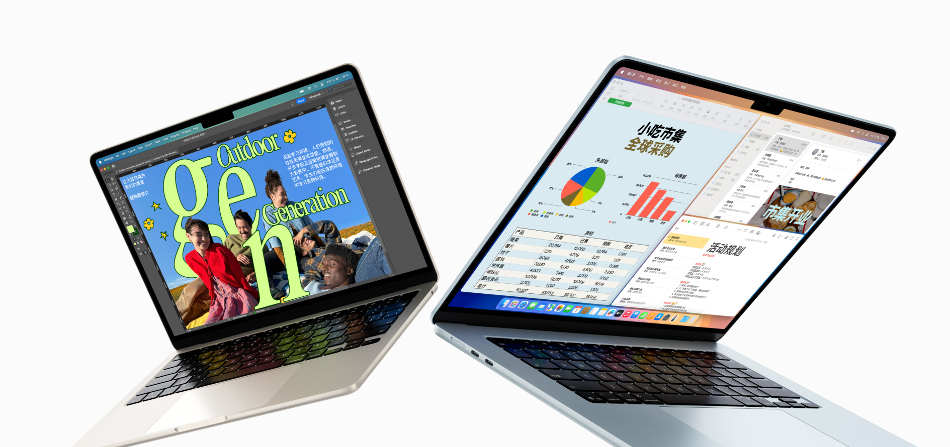 半开半合的 13 英寸和 15 英寸 MacBook Air，一个屏幕显示正在处理的设计作品，另一个屏幕显示邮件和电子表格之间的多任务处理