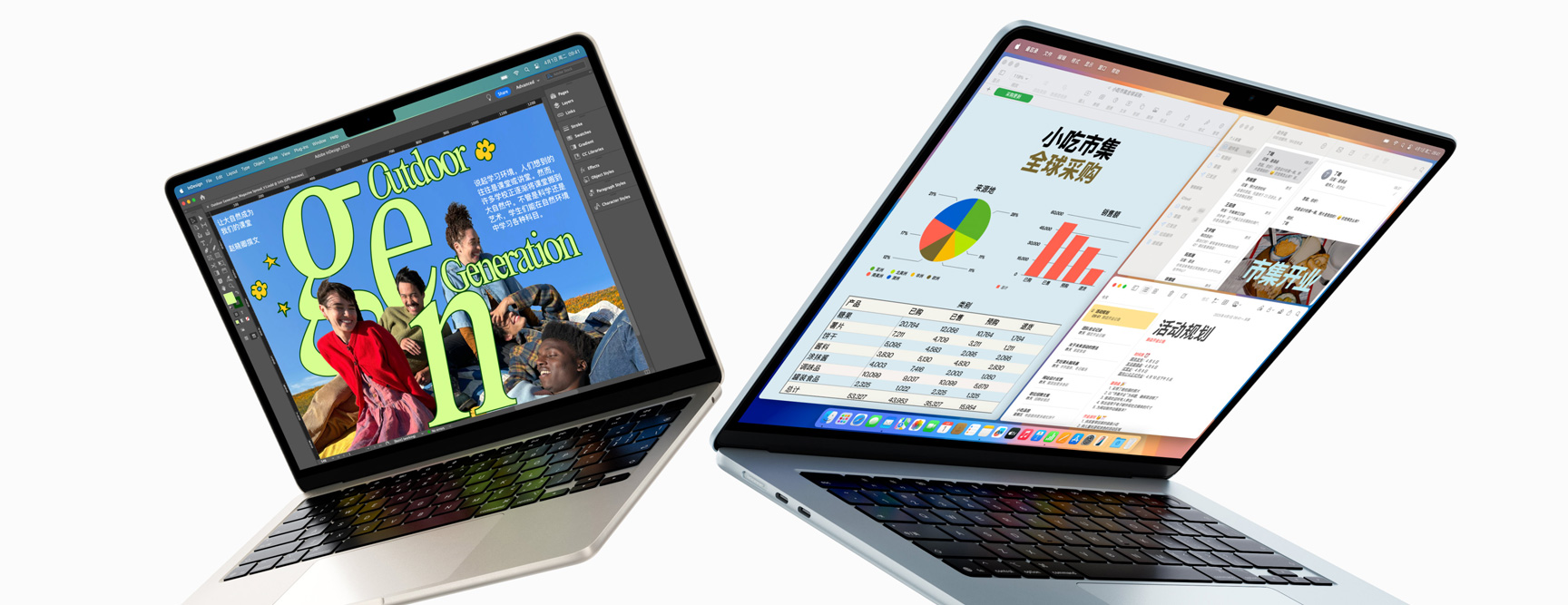 半开半合的 13 英寸和 15 英寸 MacBook Air，一个屏幕显示正在处理的设计作品，另一个屏幕显示邮件和电子表格之间的多任务处理