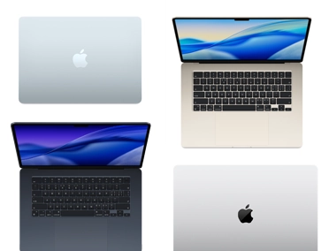 四台不同机型、尺寸和颜色的 Mac 电脑，展现定制的丰富选项。