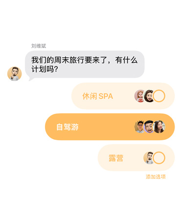 信息 app 中的投票功能，群聊成员一起投票决定周末旅行计划。