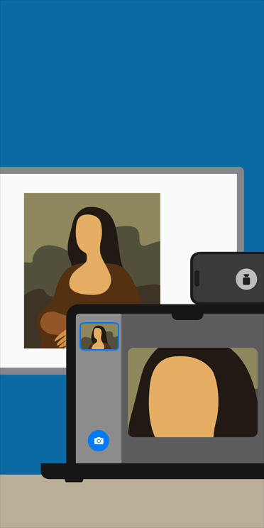 动画插图展示 MacBook 屏幕上的放大器 app，将教室白板上的蒙娜丽莎画作放大显示出来。