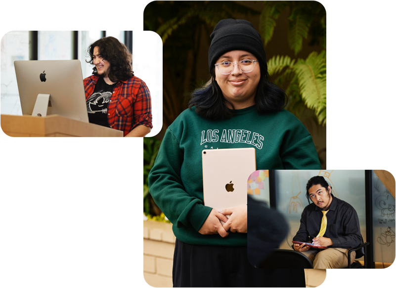 三张参加 Exceptional Minds 计划的学生照片：一张是一位学生在操作 Mac 电脑；一张是一位学生手拿 iPad，设备背面朝外；还有一张是一位学生一边观察模特，一边在 iPad 上用 Apple Pencil 画图。