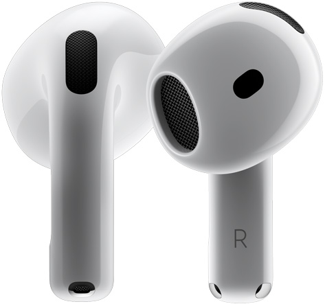 两只 AirPods 4 围绕彼此旋转，分别停在不同角度。