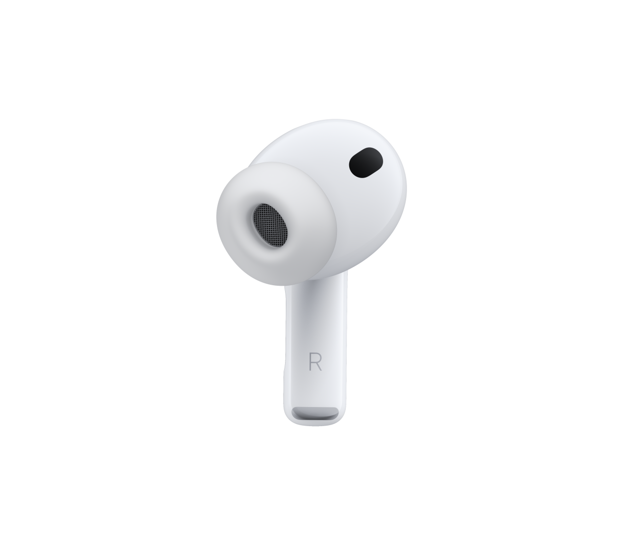 AirPods Pro 3，白色，展示降噪麦克风、硅胶耳塞及标有字母 R 的耳机短柄