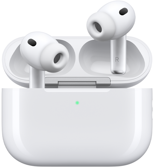 AirPods Pro 3 和 MagSafe 充电盒 (USB-C)，充电盒采用圆角外观设计，带有 LED 电量指示灯，盒盖呈开启状态，白色，无线耳机配有硅胶耳塞，耳机柄内侧标有字母 L 和 R