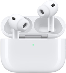 AirPods Pro 3 和 MagSafe 充电盒 (USB-C)，充电盒采用圆角外观设计，带有 LED 电量指示灯，盒盖呈开启状态，两只白色无线耳机配有硅胶耳塞，耳机柄内侧标有字母 L 和 R