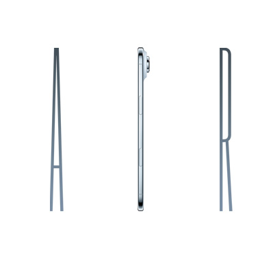 以纤细的银灰色字母拼写的 Air 字样。Air 中间的字母 I 是天蓝色 iPhone Air 设备的侧面视图。可以看到一个按钮，右上方露出摄像头的一部份。