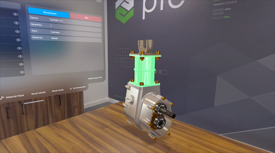 在一间办公室里，有一个 3D 成像的 CAD 模型，展示一台机械以及相关的信息。