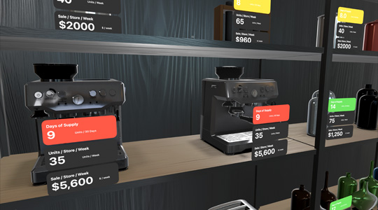 3D 成像的零售店货架，货架上陈列着各种产品，显示库存的信息也叠加在上面。