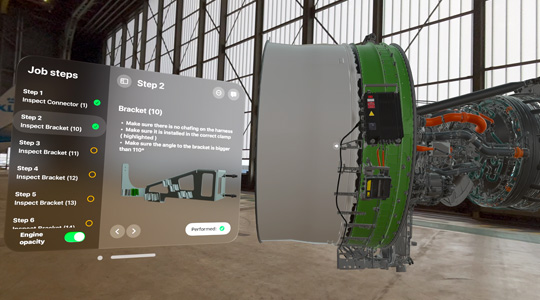 一间工业厂房中，有一个 3D 成像的喷气发动机，另有一个浮窗，显示一系列操作步骤。