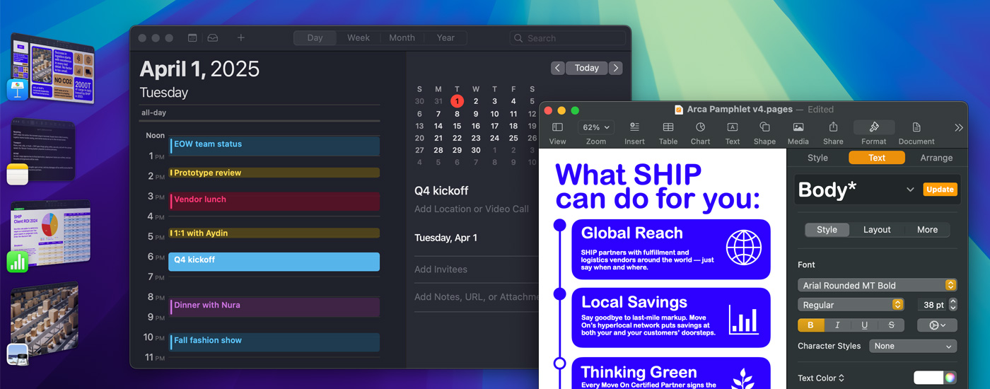 屏幕上打开了多款 app，包括日历和 Pages 文稿。左边是其他各款 iOS app。