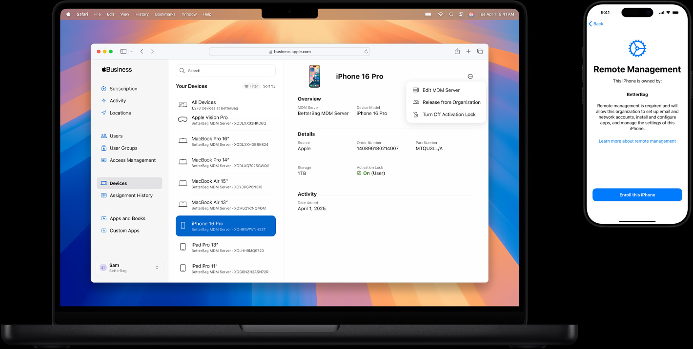 MacBook 和 iPhone 放在一起，MacBook 屏幕显示 Safari，以及提示使用指纹进行登录的 Touch ID 窗口；iPhone 屏幕则显示 Face ID 设置界面，提示缓慢转动头部完成 Face ID 扫描过程