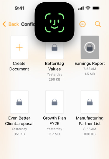 iPhone 屏幕显示 Pages 文稿，文稿前方有面容 ID 图标，展示如何安全解锁设备。