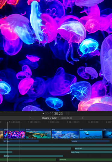 一台 Mac 桌面显示 Final Cut Pro 这款 app。