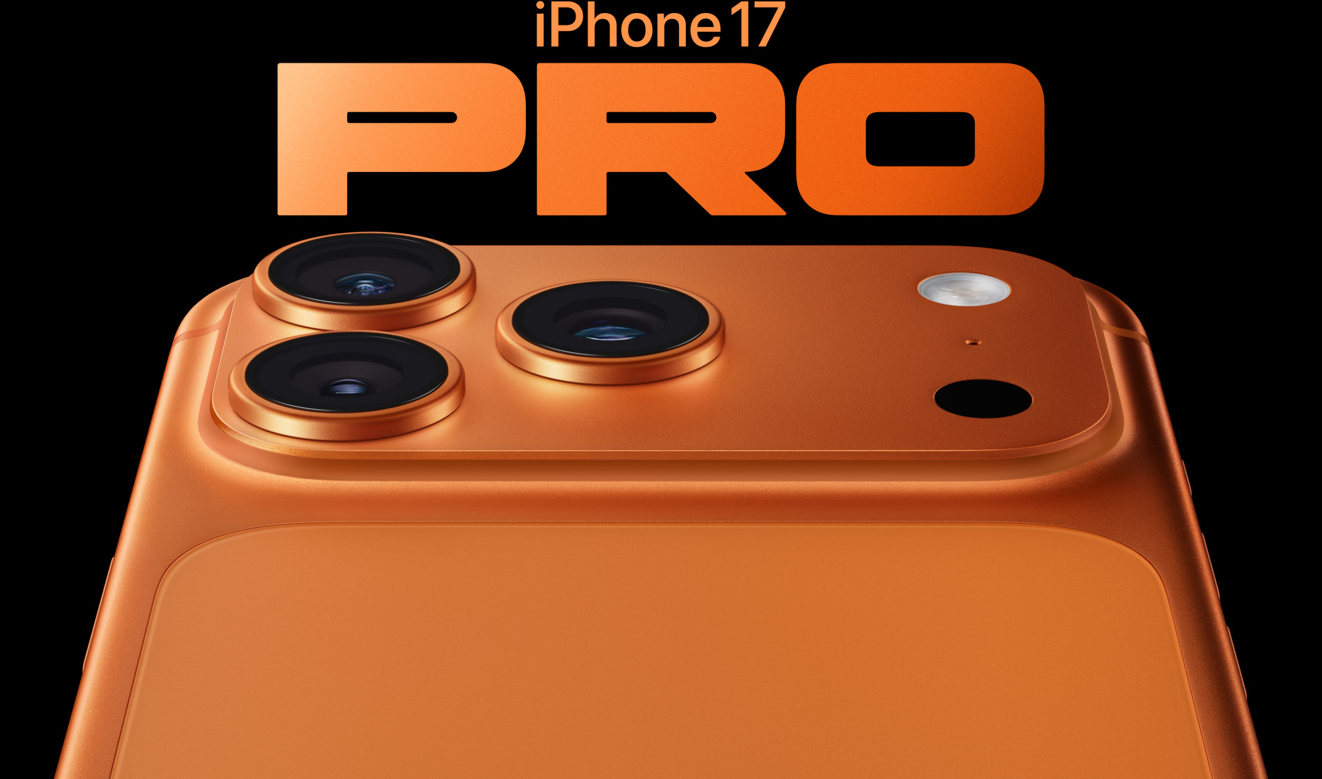 星宇橙色 iPhone 17 Pro 机身背面局部外观，展示 Pro 级拍摄系统，三颗镜头位于左上角，并配有麦克风和闪光灯。