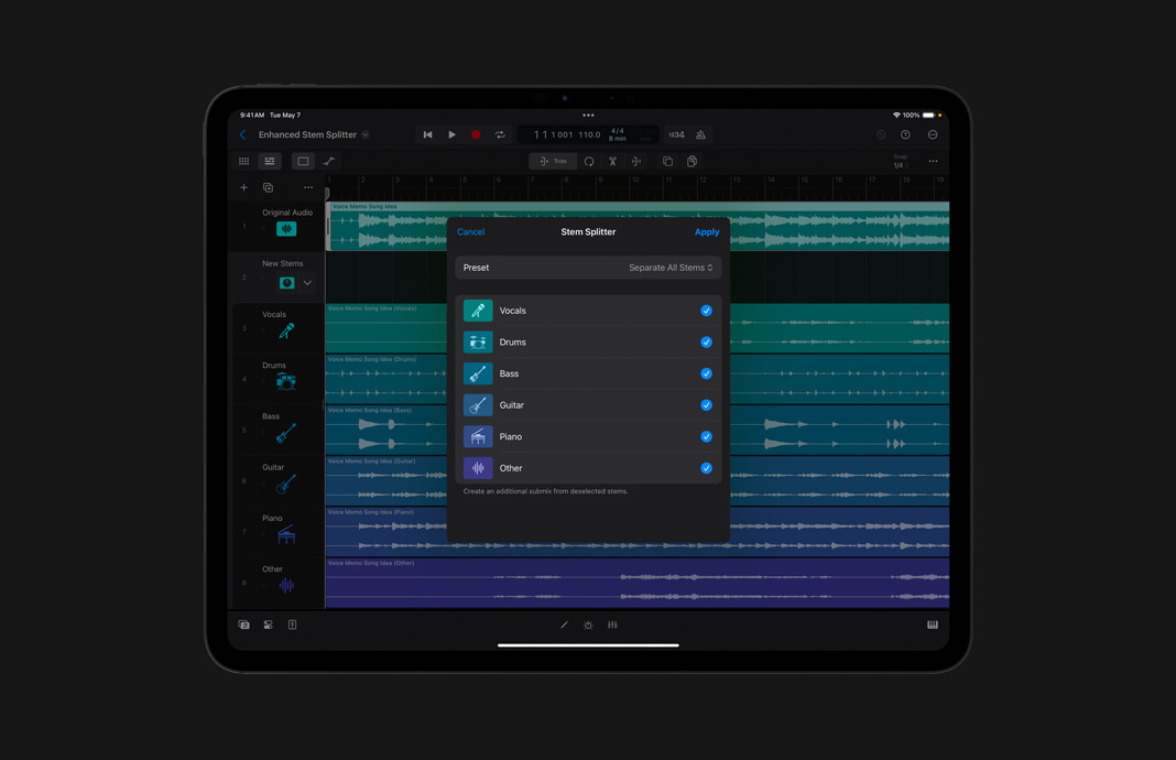 大分轨拆分器的用户界面窗口，展示一系列预置大分轨选项，如 Vocals、Drums、Bass、Guitar、Piano 和 Other，且每个名称旁边都有相应的图标。