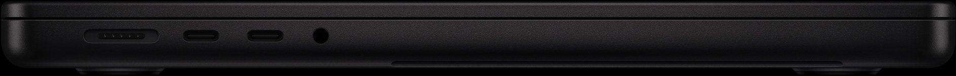 机身左侧为：一个 MagSafe 端口、两个雷雳端口和一个耳机插孔