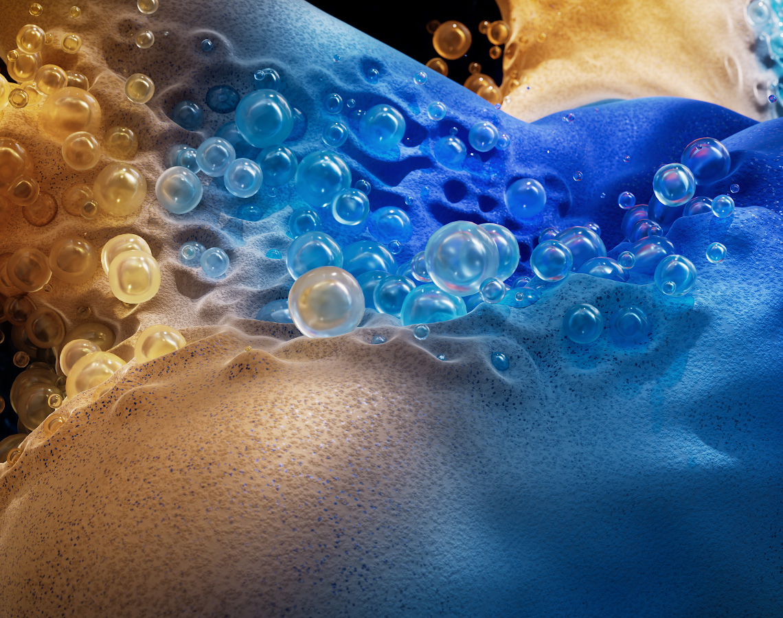 多种蓝色纹理形体四处流动的 3D 画面，体现 MacBook Pro 处理图形密集型任务的强大性能。